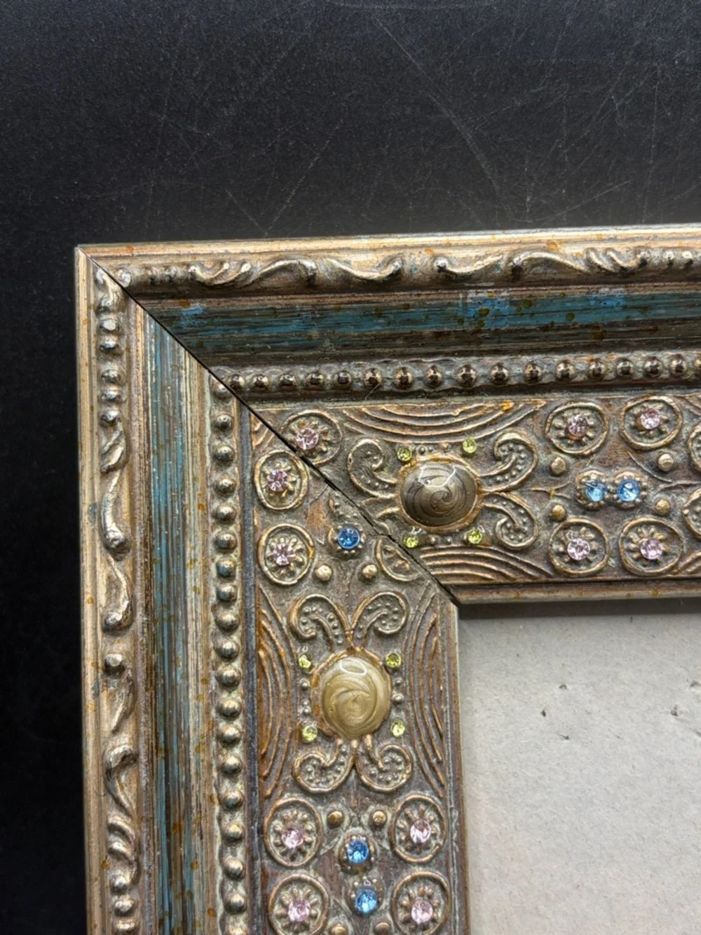 Vintage Bejeweled Crystal Enamel Gilt Wood Ornate Picture Frame Photo Display